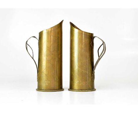 A pair of trench art jugs, both inscribed '50th Northumbrian Division TF1915-1919', 'Marne, Ly, Camaria, Le Cateau', and 'Ypr