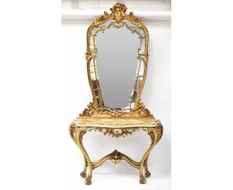 A late 19th century Italian hand carved and gilt-heightened console table, with inset Breccia marble top, raised on four carv