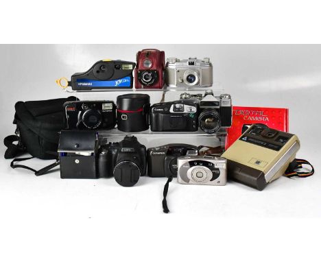 A collection of vintage and modern cameras and accessories, to include a Zenit-E with Optomax wide angle lens, an Ensign Ful-