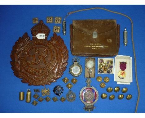 Royal Engineers; a collection of memorabilia including a carved mahogany Royal Engineers plaque, 11in (28cm) high, Royal Engi