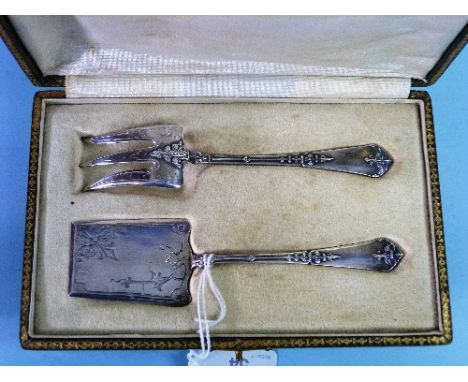 A late 19thC French cased silver novelty 'Garden' miniature Serving Set, by Louis Coignet, with Minerva guarantee mark, c.189