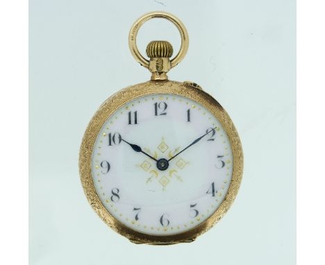 A pretty continental 15ct gold lady's Pocket Watch / Fob Watch, movement signed 'D.F.& C.', with white enamel dial, the case 