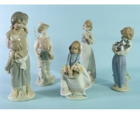 Five Lladro porcelain figurines, all boxed, including Gypsy with Brother, no.4800; Fisher Boy, no.4809; May Flowers, no.5467;