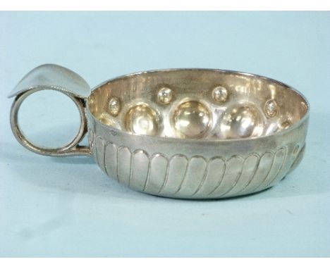 A French silver 'Tastevin' or Wine Tasting Cup,  of circular form with loop handle and thumb piece, Minerva mark at base of h