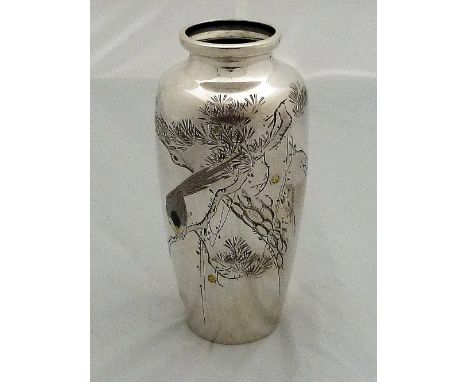 A signed Japanese Meiji period gold and enamel inlaid silver Vase, decorated with a bird sitting on a branch, with applied go