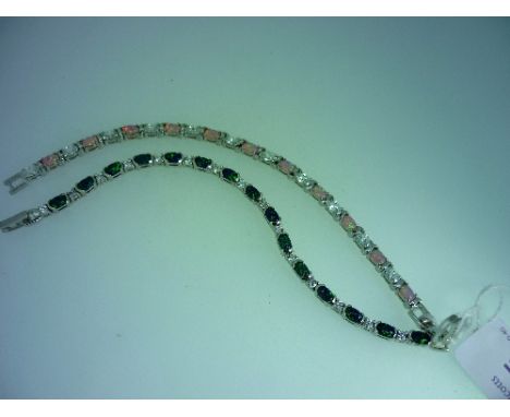 Two flexible silver mounted link Bracelets, one with synthetic pink opal, the other with synthetic black opals, with white pa