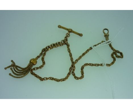 A gentleman's Watch Chain, in 9ct yellow gold, the chain with suspension clip, T-Bar and tassle finial, approx weight 13.5g.
