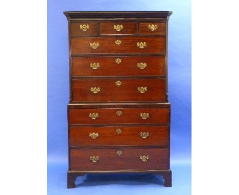 A Georgian mahogany Chest on Chest or Tallboy, with three small drawers above six graduated draweron bracket feet. 42in (107c