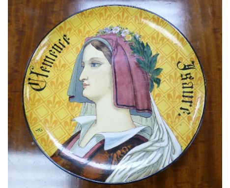 A George Jones majolica-style 'Clemence Isaure' plate, circa 1860's, decorated in colours with with the portrait of a woman, 
