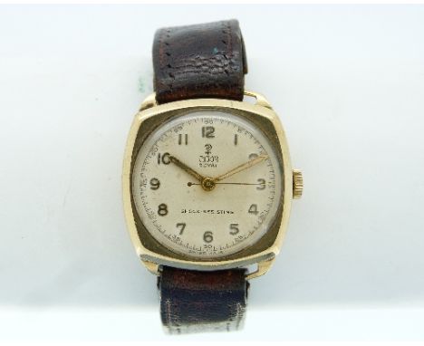 A vintage 9ct gold Tudor Royal gentleman's Wristwatch, with Shock Resisting movement, on brown leather strap.