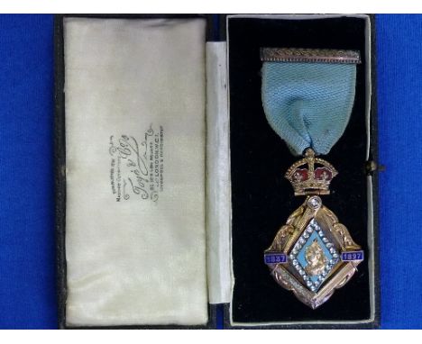 A Masonic Queen Victoria 1837-1897 Jubilee Medal, silver-gilt and enamel with paste 'jewels' and light blue ribbon, cased.  