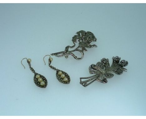 A pair of marcasite and faux pearl long drop Earrings, together with a marcasite set brooch in the form of an orchid and anot