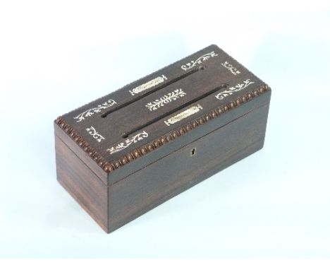 A Victorian rosewood Stationery Box, of rectangular form with mother-of-pearl inlaid decoration, the hinged lid with two lett