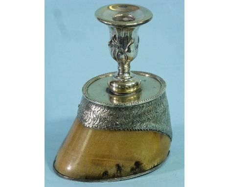 An early 20thC silver plate mounted hoof Candlestick, the silver plate forming naturalistic hair around hoof with candlestick