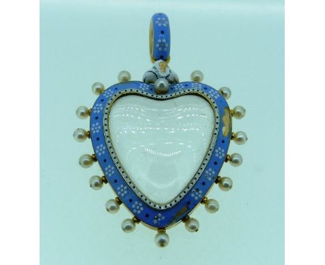 An attractive heart-shaped Pendant Locket, c. 1880, in the style of Carlo Guiliano, the front with pale blue enamel, and whit