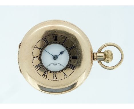 A 9ct gold half-hunter Pocket Watch, with Swiss 16-jewels movement, the white enamel dial with black Roman numerals and subsi