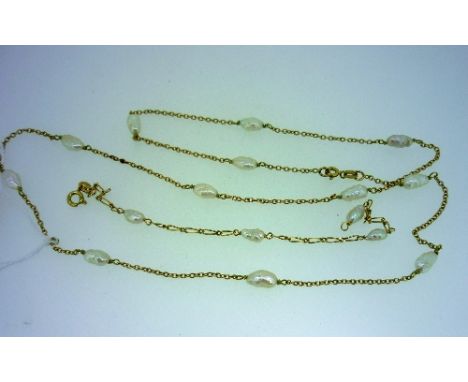 A yellow gold chain Necklet with twelve freshwater pearl, together with a matching bracelet with four freshwater pearls, the 