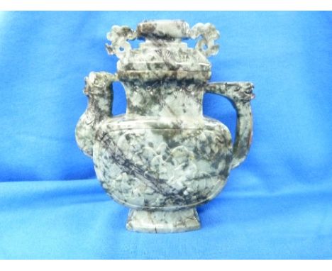 A Chinese Republic period spinach green jade Censer, with dragon mask and loose ring handles, the lid with Fu dog finial, rai