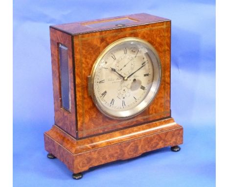 An early 20thC brass-inlaid burr maple Mantel Chronometer, signed Kelvin, White & Hutton, 11 Billiter St., London, number 545