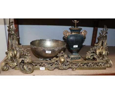 A Brass Fender, together with a modern table lamp and a punch bowl (3)