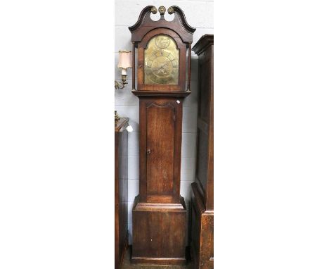 An Oak Thirty Hour Longcase Clock, 11.25" brass dial, dial arch with circular plaque signed Hugh Pannell, Northallerton, late
