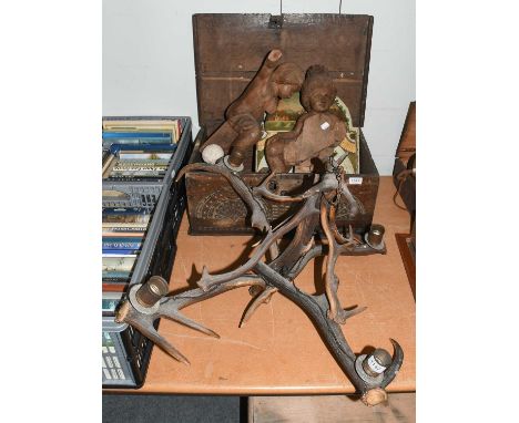 An 18th Century Carved Oak Bible Box, 58cm by 38cm by 24cm, together with two carved finials probably Flemish, four painted l