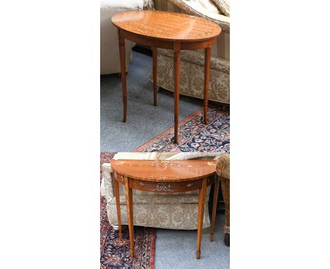 A Sheraton Style Painted Satinwood Demi-Lune Table, 92cm by 46cm by 76cm; together with a similar oval lamp table 75cm by 51c