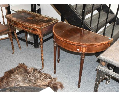 A George III Cross-Banded Mahogany Foldover Demi-Lune Card Table, on tapering fluted supports, 86cm by 44cm by 74cm; together