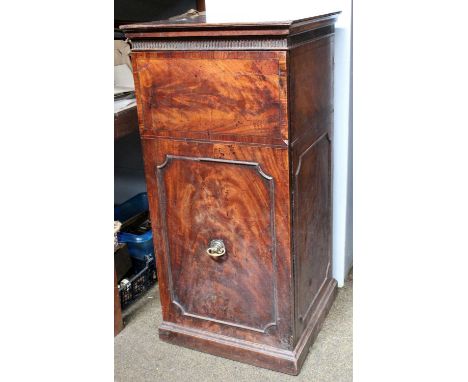 A George III Mahogany Plate Rack Cabinet, the moulded square top over a crossbanded and beaded door opening to reveal two fit