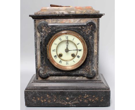 A Victorian Black Slate Slate and Marble Striking Mantel Clock, a brass carriage timepiece, modern cuckoo clock, etc