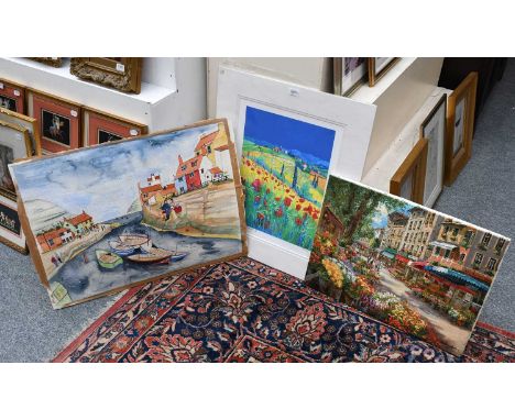 After Sam Park (b.1949)Street scene with flower sellersSigned and numbered 94/210, giclee print on canvas, together with a bo