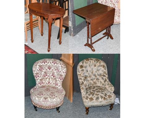 An Edwardian Mahogany Sutherland Table, A Mahogany Lamp Table, with oval top, 76cm by 50cm by 75cm, Two Victorian Button Back