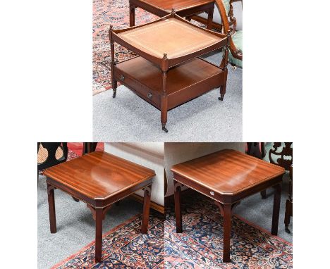 A Pair of Modern Mahogany Lamp Tables, 56cm square by 49cm; together with a modern leather inset two-tier coffee table, fitte