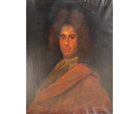 Follower of Michael Dahl (1659-1743)Portrait of a gentleman bust length in red cloak and white stock Oil on canvas, 77cm by 6