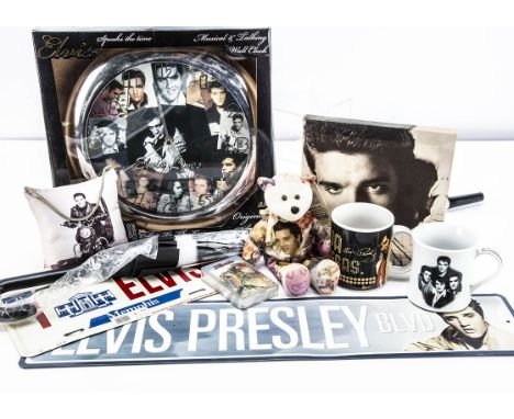 Elvis Presley Memorabilia, a variety of items including a cushion, umbrella, f/g birth certificate, film cell (both 24cm x 28