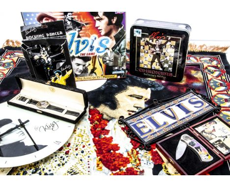 Elvis Presley Memorabilia, a large collection of Elvis memorabilia including chopping board, clock, gift pack watches, mugs, 