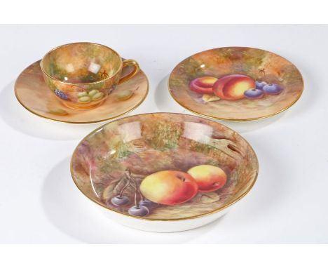 A small group of Royal Worcester hand painted porcelain 'Fallen Fruits' pattern comprising pin dish, miniature cup and saucer