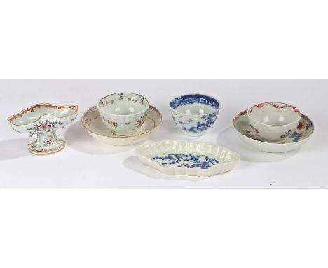 A collection of 18th century English porcelain comprising of:A Lowestoft 'Redgrave' pattern saucer, two Newhall floral tea bo