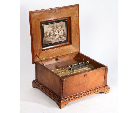 A Victorian mahogany and marquetry inlaid Polyphon, the hinged lid with interior print depicting Putti dancing, with gadroon 