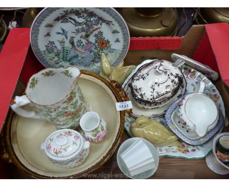A quantity of china including Wedgwood jug, pot and lidded tureen with ladle (different patterns), two china ducks, a lidded 