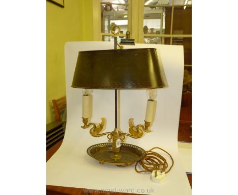 A fine gilt metal bouillotte Lamp and tole shade, c. 1920's in the Empire taste, the candle branches modelled as swans.