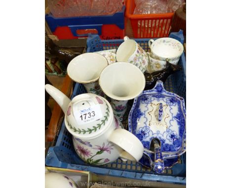 A black cow creamer (chip to base), a Portmeirion 'Botanical Gardens' coffee pot, two Whieldon vases (rubbing to gilt), Minto