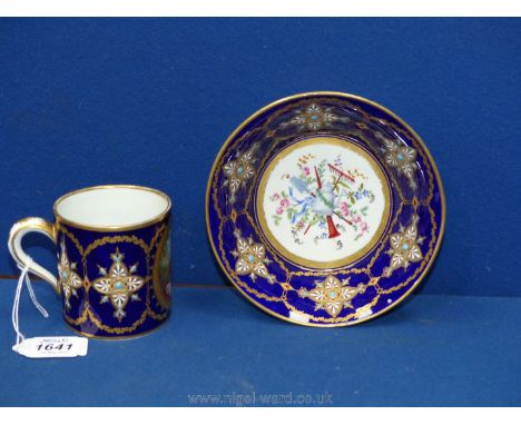 A fine Sevres 'jewelled' Cup and saucer, the cup Vincennese c. 1753, the saucer Sevres late 18th century;  both pieces redeco