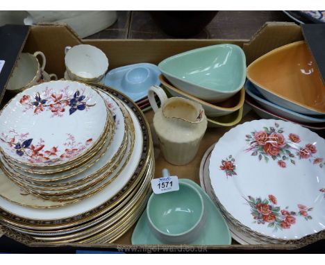 A quantity of dinner plates including Royal Doulton 'Monaco', Minton etc , vintage triangular breakfast bowls, egg cups etc, 