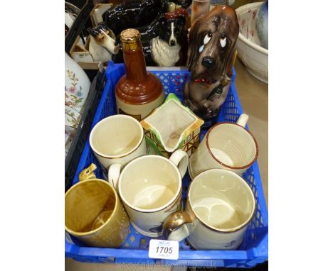 A quantity of china including Wade Bells Old Scotch Whisky decanter, dog decanter, Royal Winton cottage jug, Wade tankards, D