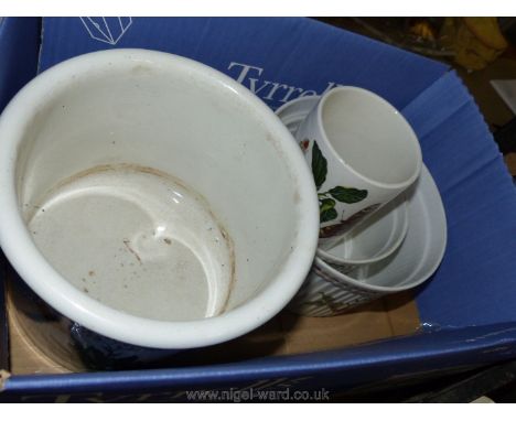 Two Royal Worcester Evesham souffle dishes, Portmeirion flower pot and a storage jar (no lid).