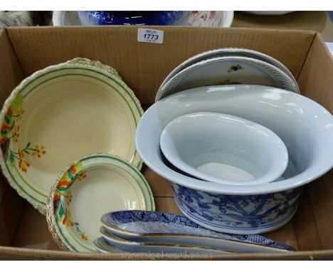 A Deco fruit set, pair of continental pierced bowls, oriental planters and Royal Worcester crescent dishes.