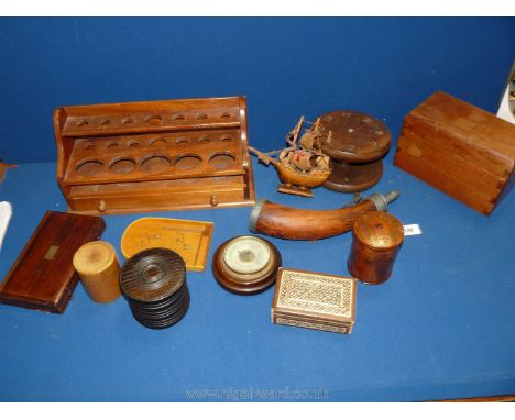 A quantity of Treen including sample stand, pen stand, powder horn, barometer, lidded boxes, model of a ship etc.