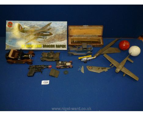 A quantity of old plastic cars, a/f, toy metal water pistol, Airfix Dragon Rapide, rounders ball, cricket ball, case Hohner p