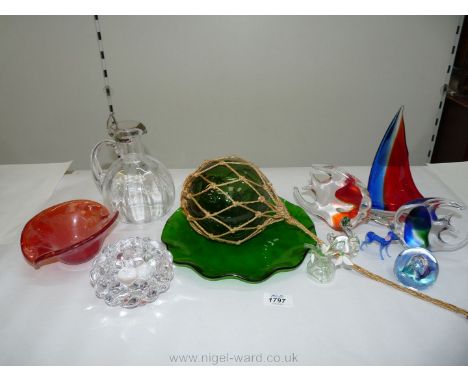 A quantity of glass including an Orrefors bubblecut tea/candle light holder, paperweights inc. fish, boats etc., a bulbous ju